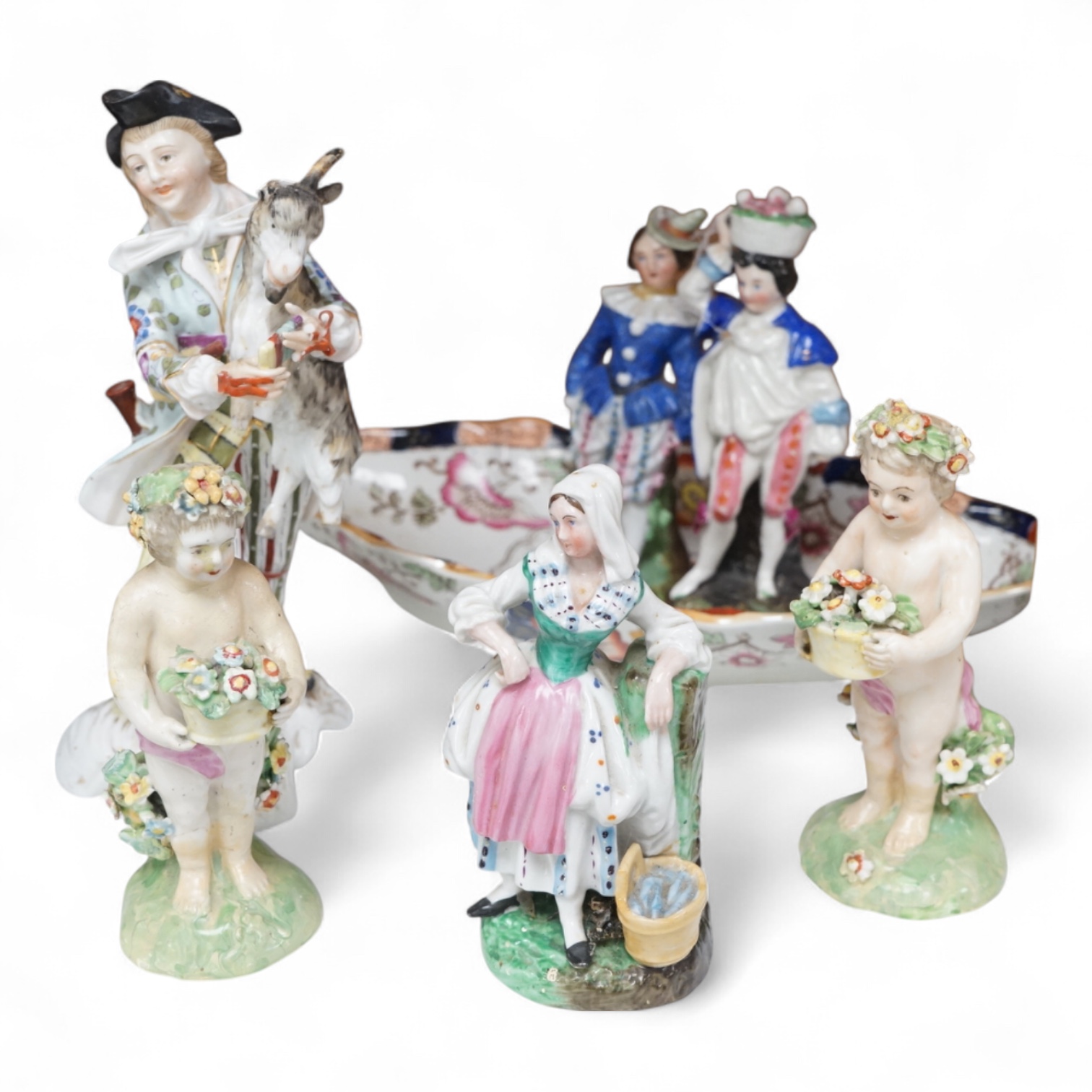 Four 19th century Continental porcelain figures and two Derby style figures, largest 19cm high